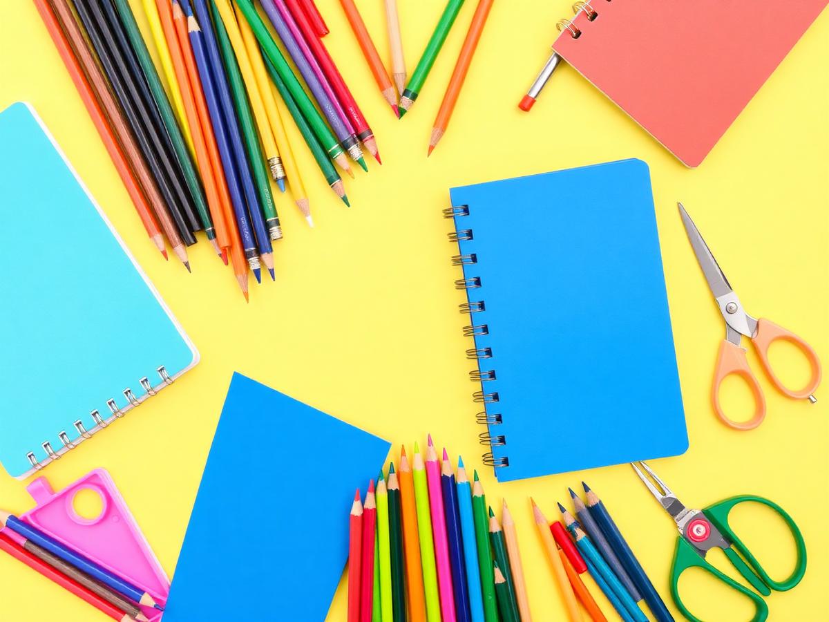 Colourful notebooks, pencils and scissors arranged on a yellow background
