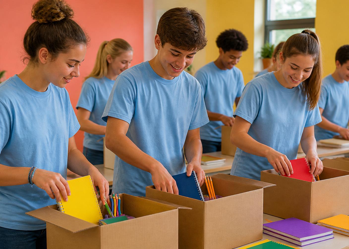 Teen volunteers in light blue shirts packing school supply kits into boxes